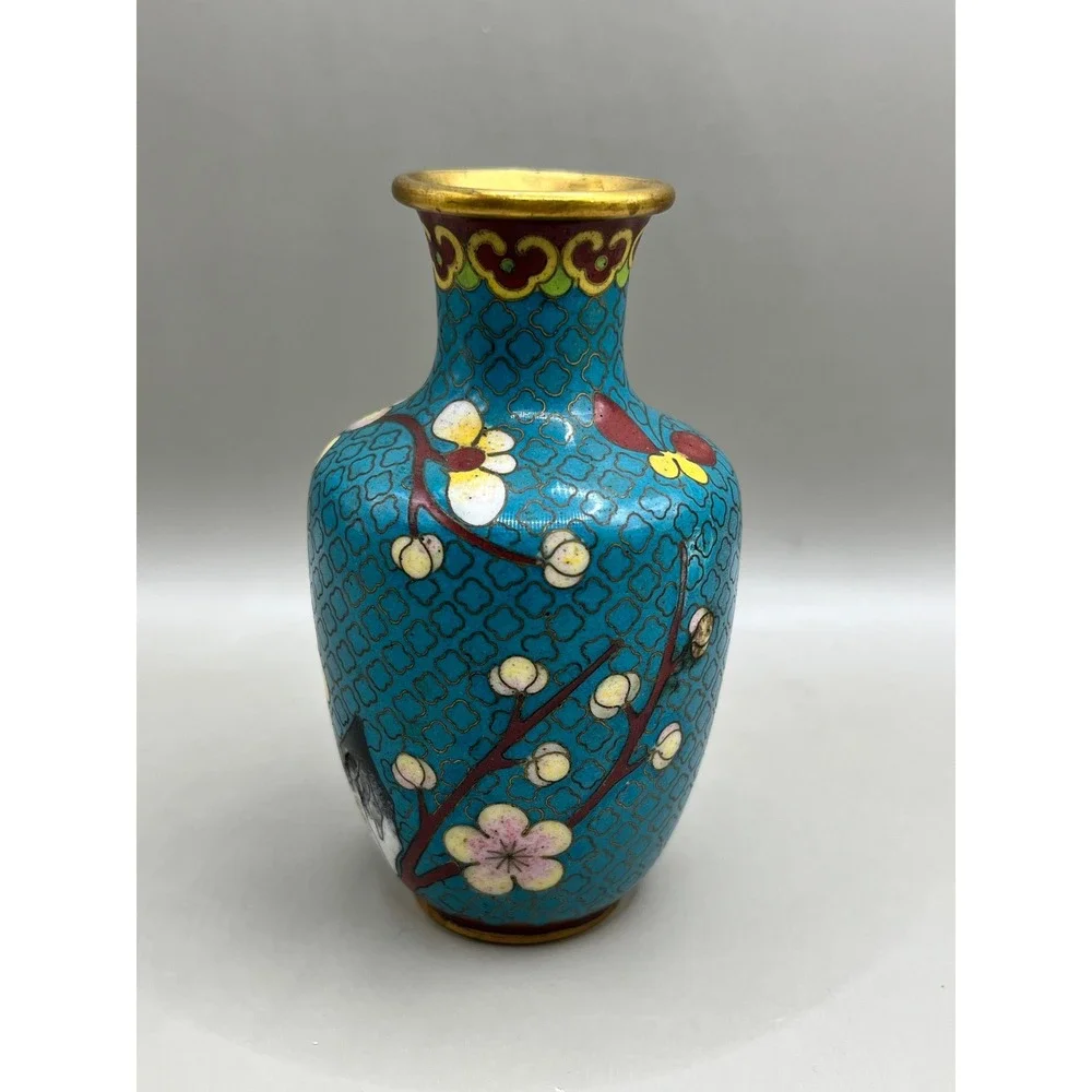 Vtg Chinese Cloisonne Enamel Miniature Vase Turquoise Cherry Blossom 4